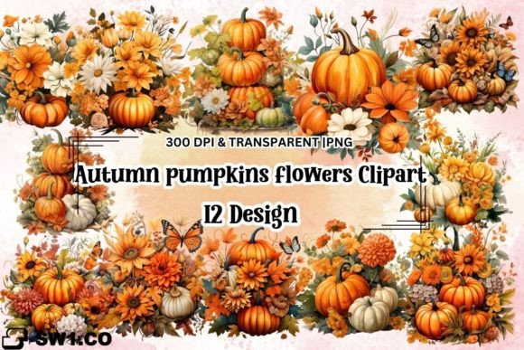Autumn Pumpkins with Flowers Graphics