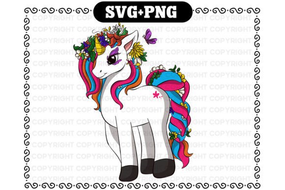Cute Unicorn with Flowers Svg and Png