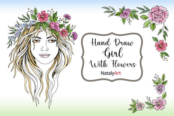 Hand Draw Girl with Flowers Graphics