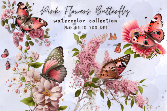 Pink Flowers Butterfly Watercolor