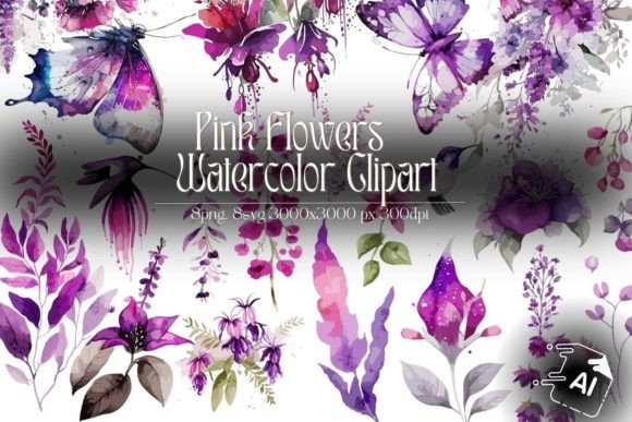 Pink Watercolor Flowers Graphics