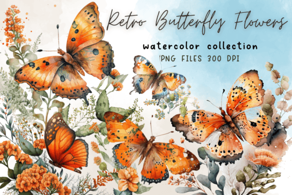 Retro Butterfly Flowers Watercolor Graphics