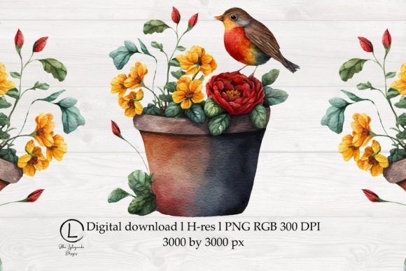 Spring Watercolor Robin Bird in Flowers Graphics