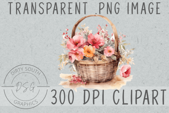 Watercolor Flowers in Basket Clip Art for Graphics and Illustrations