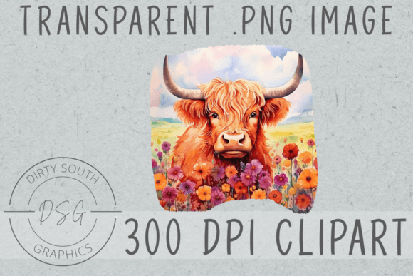 Watercolor Highland Cow Field of Flowers