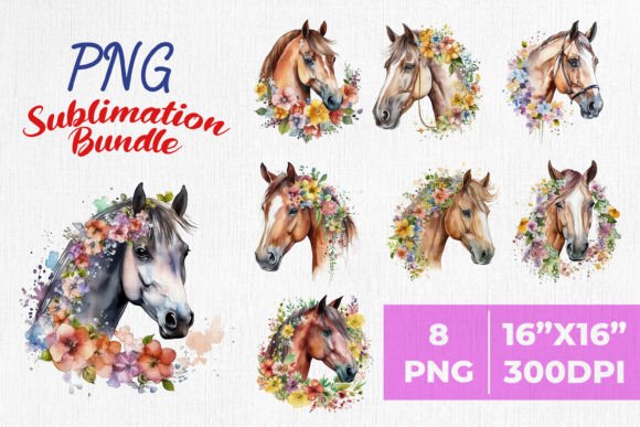 Watercolor Horse with Spring Flowers Graphics