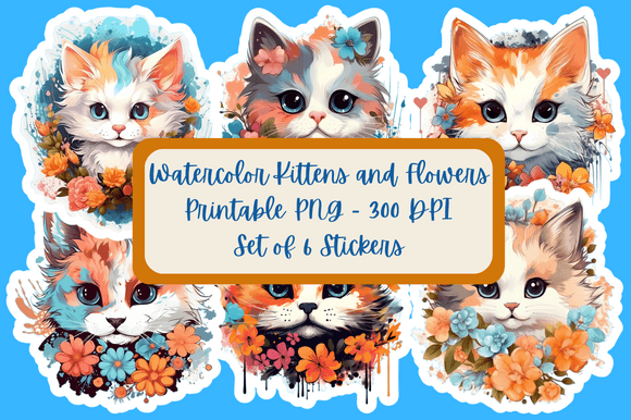 Watercolor Kittens and Flowers Graphics