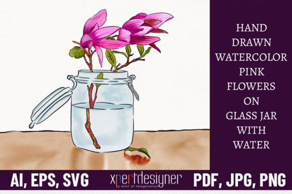 Watercolor Pink Flowers on Glass Jar Graphics