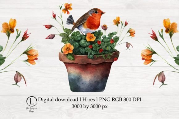 Watercolor Robin Bird in Spring Flowers Graphics
